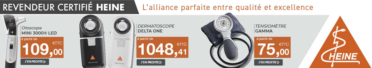 Revendeur certifié Heine – Otoscope MINI 3000 LED, dermatoscope Delta One et tensiomètre Gamma, instruments médicaux de qualité.